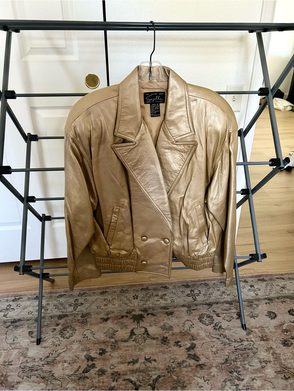 Suzelle Metallic Gold Leather Bomber Jacket